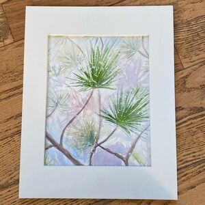 Original watercolour painting, pine needles in the snow, white mat included